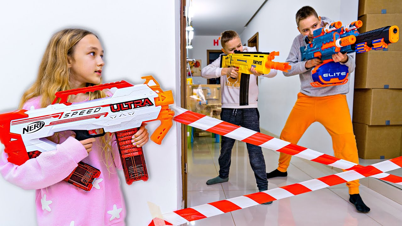 NERF Battle when she set NERF trap to payback Roman and Max for their sneaky jokes