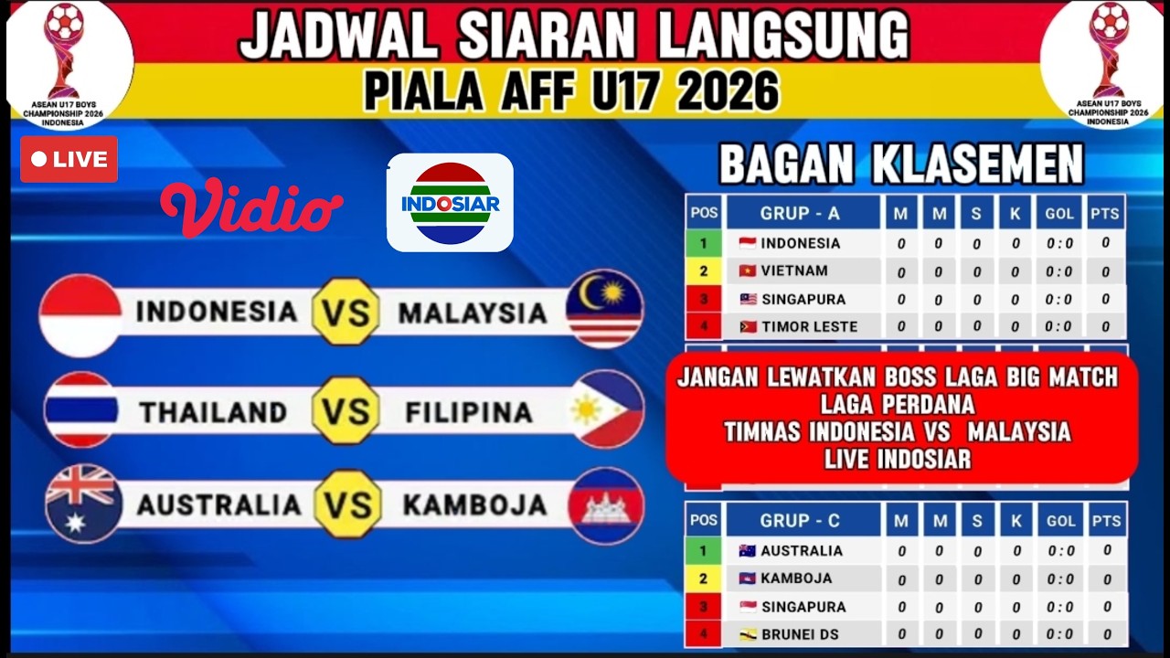 🔴 Jadwal Piala AFF U17 2026 Hari Ini - Indonesia vs Malaysia - Klasemen AFF U17 2026 Terbaru