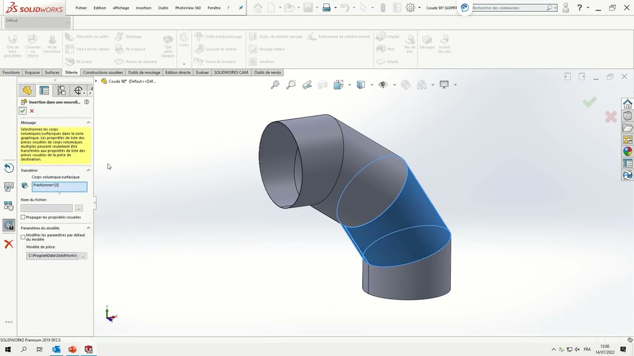 Formation SolidWorks création coude 90° en acier et développement tôle dépliage