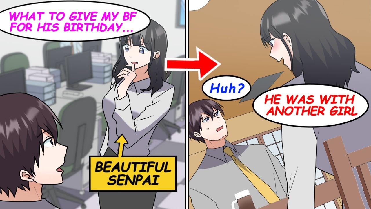 【Manga】A beautiful senpai was worried about her bf's birthday present. But he's with another girl...