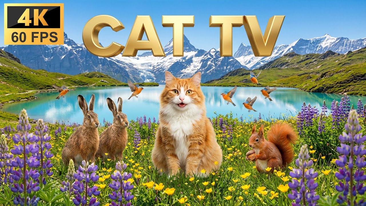 Cat TV 8 Hours - Alpine Lake Summer: Wild Hares, Finches & Wildflowers