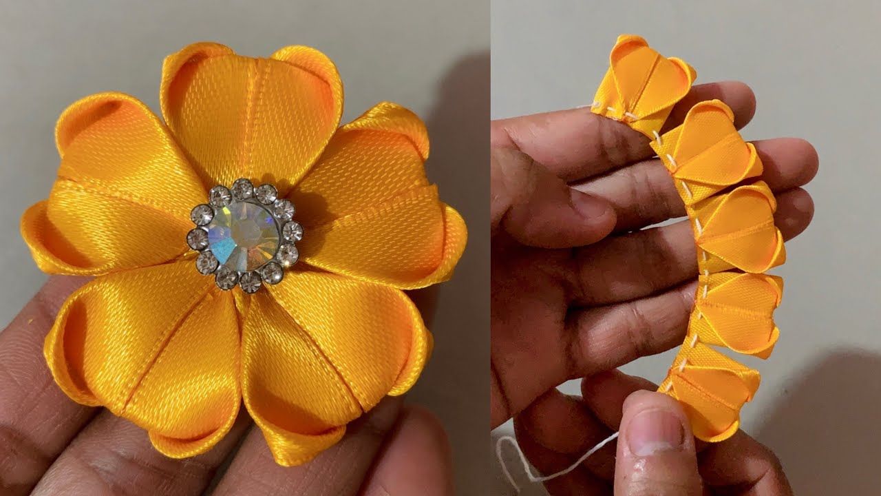 DIY Kanzashi flower🌼 | ribbon flower tutorial | Amazing Kanzashi Flower | Hand Embroidery Works