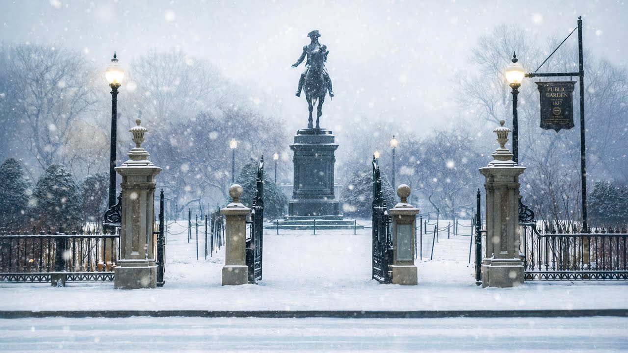 Snowfall in Boston, Massachusetts | 4K Walk with Binaural Audio (Public Garden + Historic Streets)