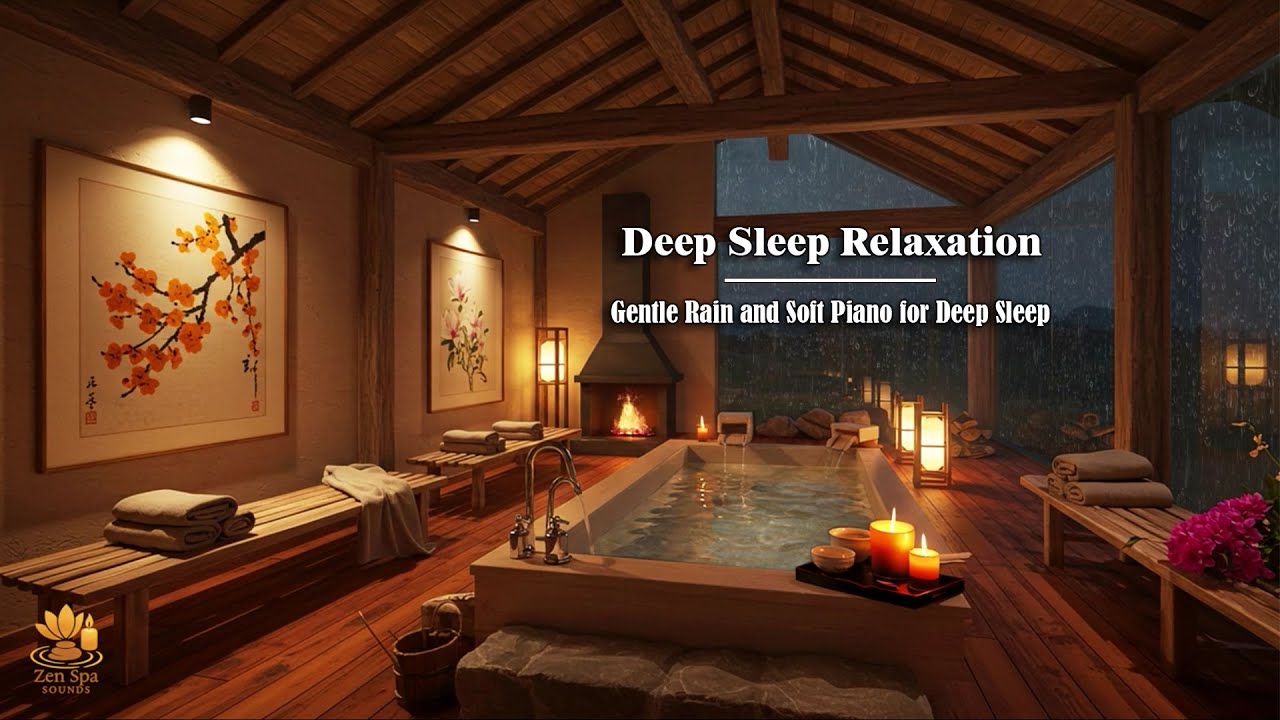 Deep Sleep Relaxation – Onsen Spa Ambience with Gentle Rain and Soft Piano for Deep Sleep