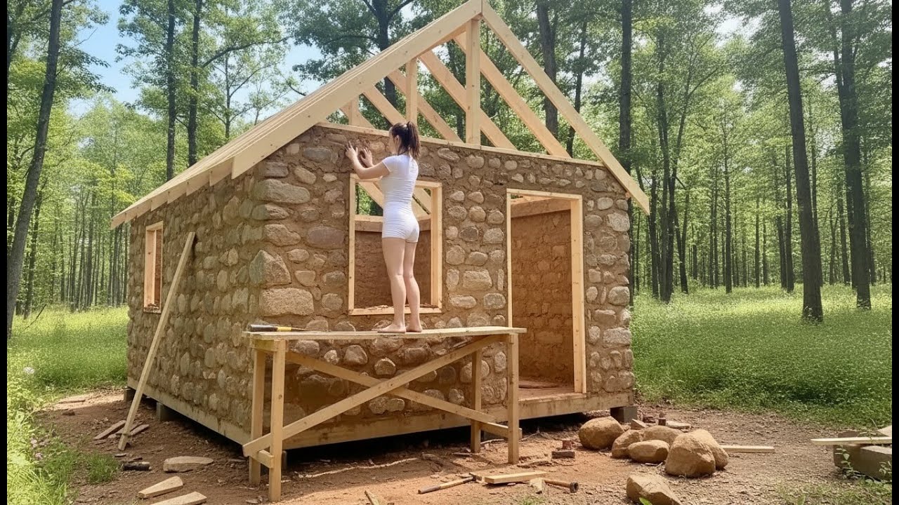 Girl Building Cabin in the Forest By Herself by Combining Mud and Stone