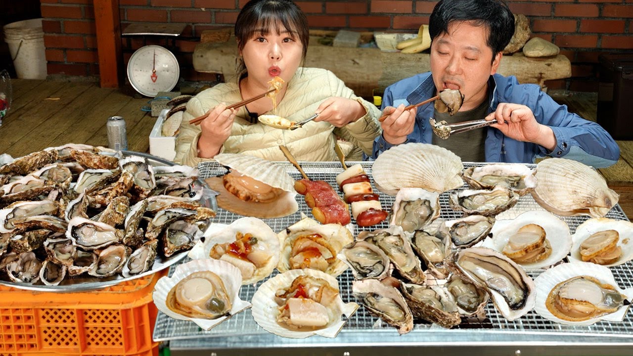 Устрицы, гребешки и куриные шашлычки, приготовленные на углях🦪 Ассорти из жареных шашлычков Mukbang