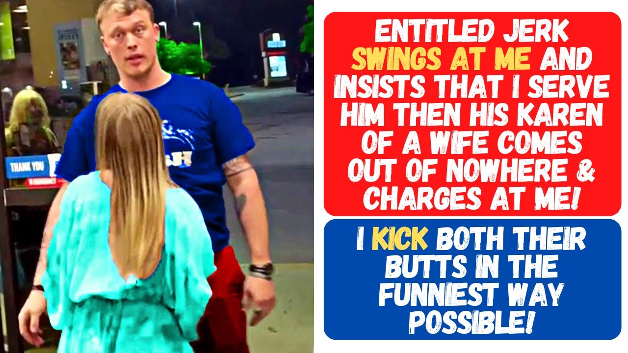 ENTITLED JERK SWINGS AT ME FOR NOT SERVING HIM AT A PLACE I DON'T WORK AT & HIS WIFE CHARGES AT ME!