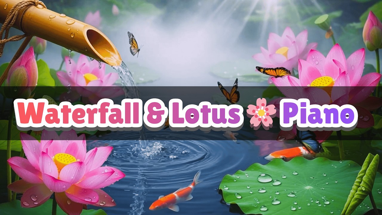 Bamboo Waterfall & Lotus 🌸 Piano with Birds Song  Deep Sleep, Study, Work & Meditation Relaxing.