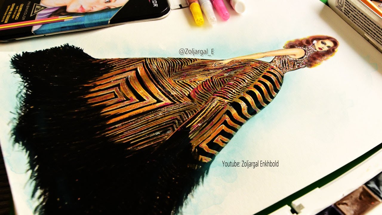 How to Paint Fashion Illustration Gold/Sparkling Gown: Pattern effect