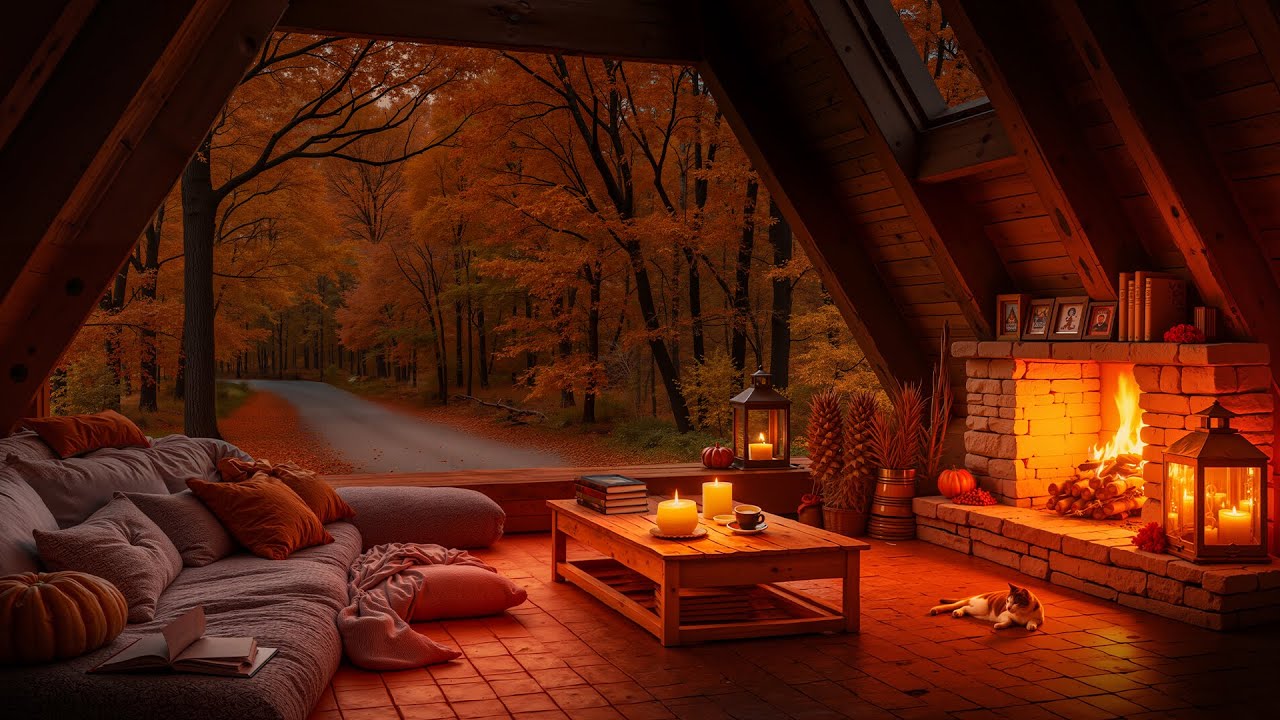 Autumn Fireplace Ambience With Cozy Autumn Rainstorm 🍁🔥 Peaceful Ambience for Relax, Calm Nervous