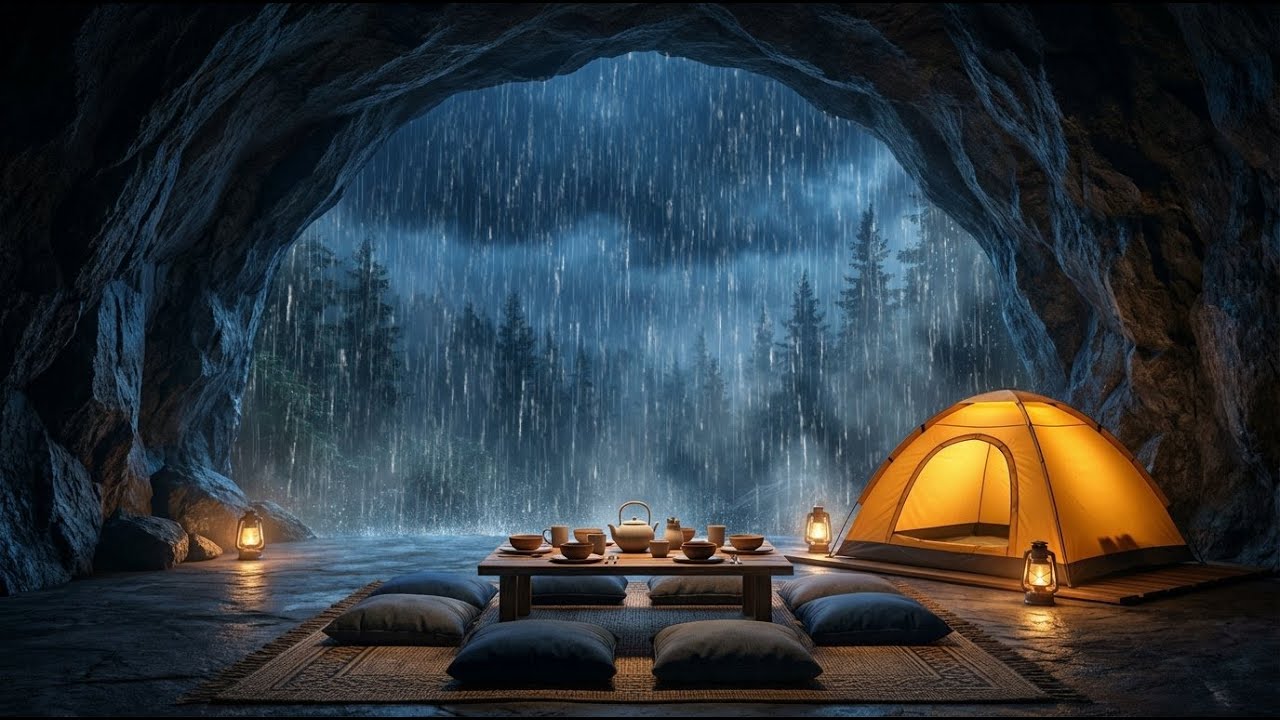 Rainy Night Shelter in a Forest Cave 🌧️ Heavy Rain Sounds for Calm Sleep