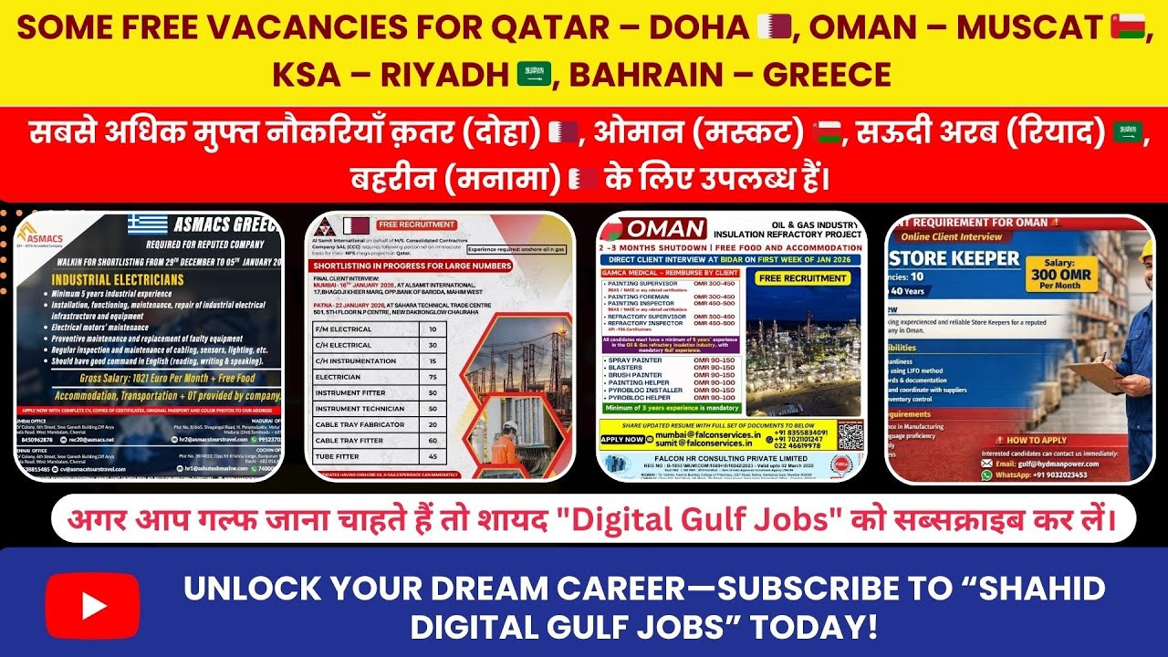 Some free vacancies for Qatar – Doha 🇶🇦, Oman – Muscat 🇴🇲, KSA – Riyadh 🇸🇦, Bahrain – Greece