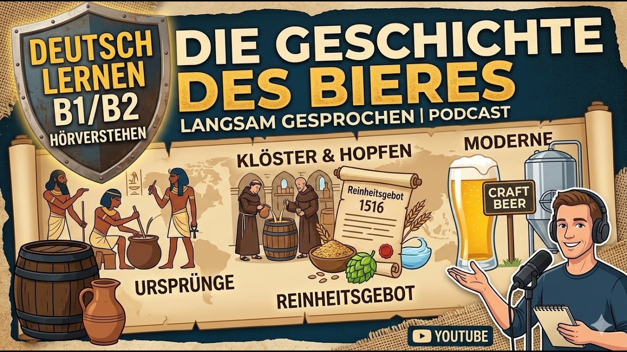 🍺 Die Geschichte des Bieres | Slow German Podcast (B1/B2) #history #learngerman #ドイツ語  #beer #bier