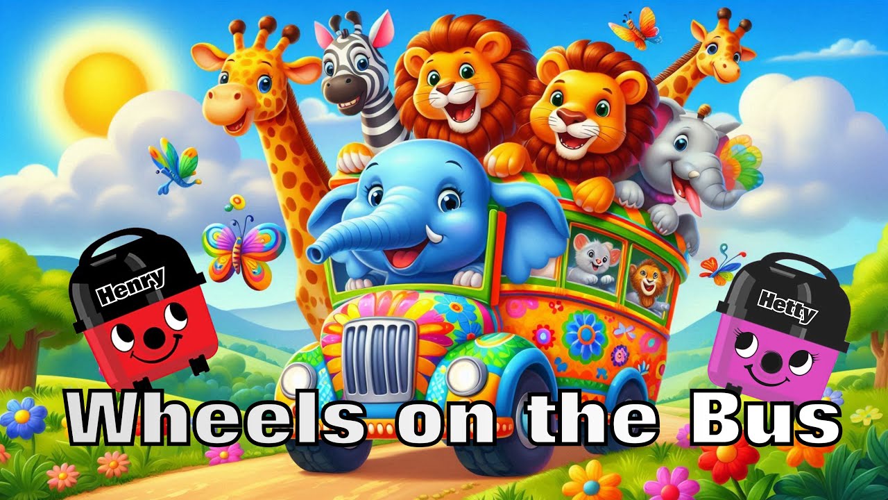 Wheels on the bus 🦒 SAFARI 🦁 version🎵 singalong 🎶nursery rhyme song music | Henry & Hetty Hoover