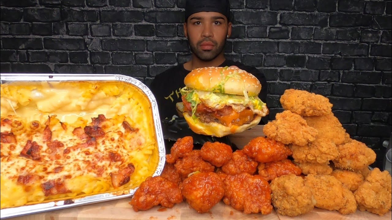 (ASMR NO TALKING) BACON MAC & CHEESE, BACON CHEDDAR BURGER WITH FRIED EGG, AND CHICKEN BITES MUKBANG