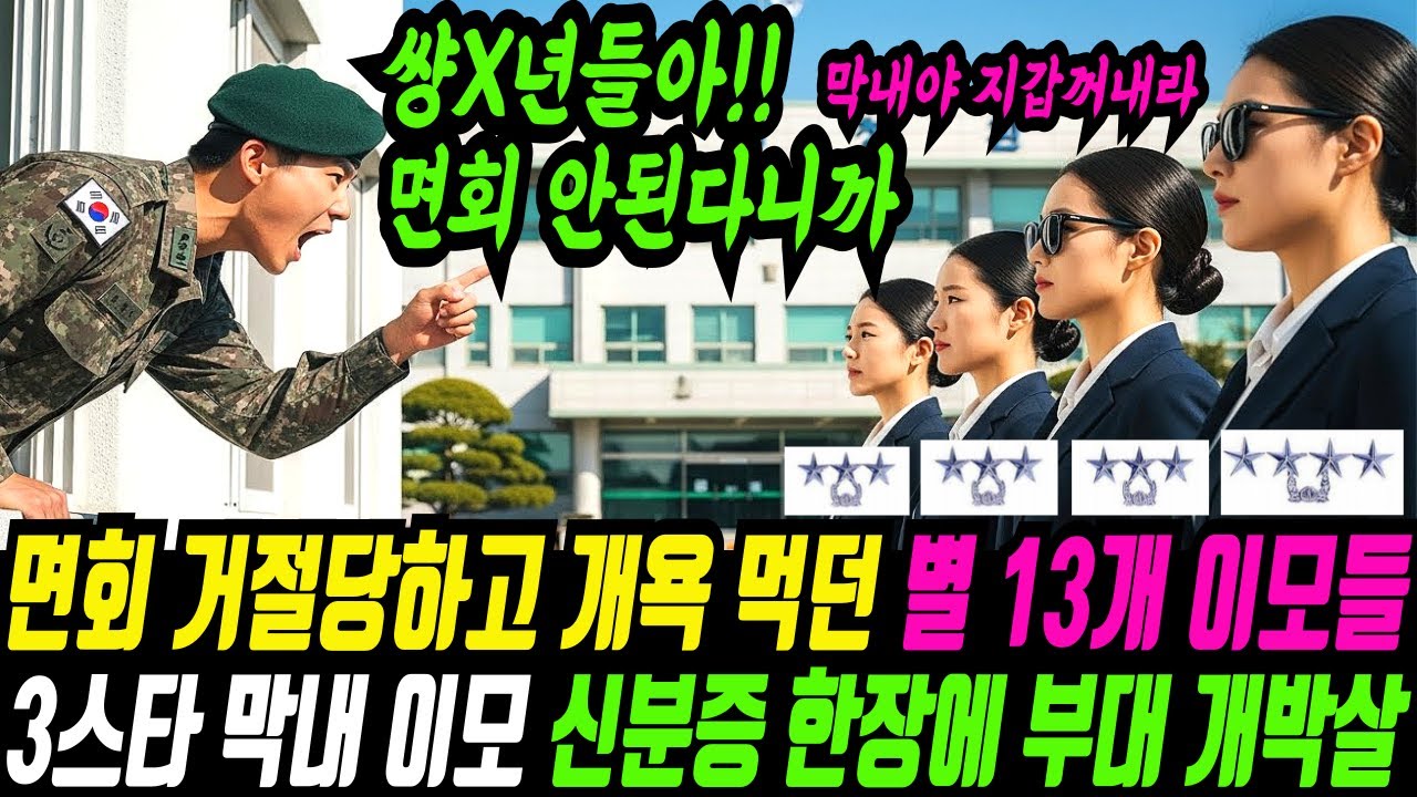 해병대 이등병 아들 면회 갔다가 조롱당한 별 13개 이모들, 개빡친 쓰리스타 막내 이모가 신분증 꺼내자마자 3초만에 부대가 개박살 나버렸습니다.