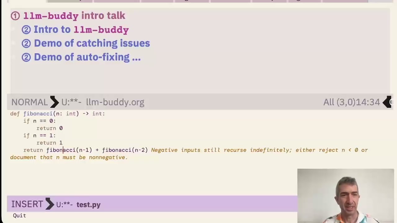 llm-buddy demo: automatic error detection and fixing in Emacs!