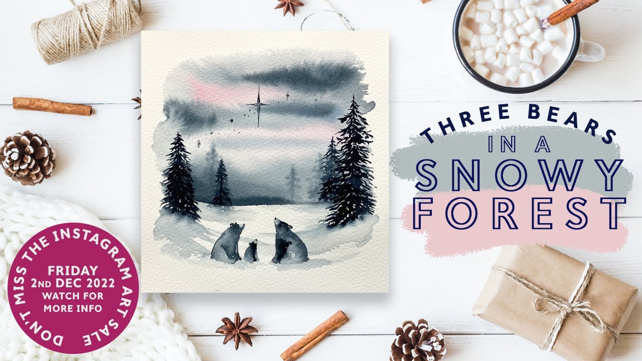 Bears in a Snowy Forest in Watercolour | Easy Christmas Cards