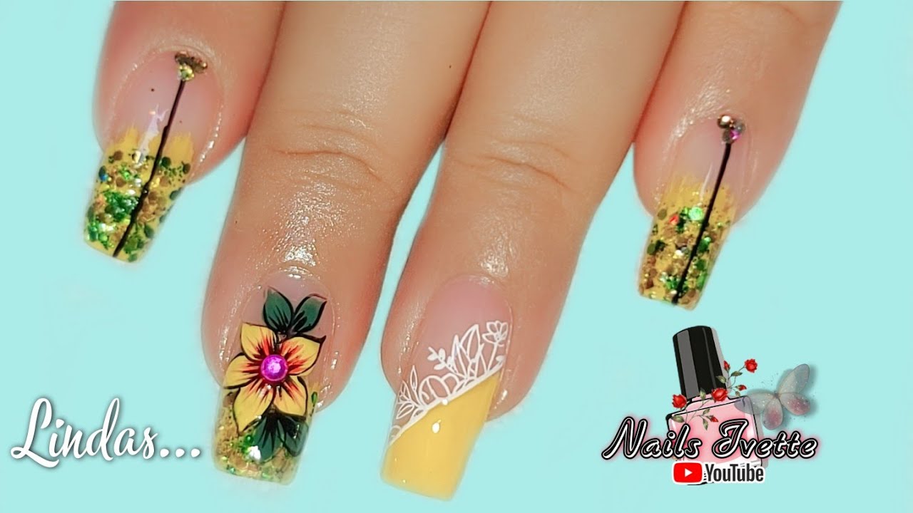 Decoración de uñas en tono amarillo / Diseño de uñas con stamping /  Uñas decoradas amarillo glitter