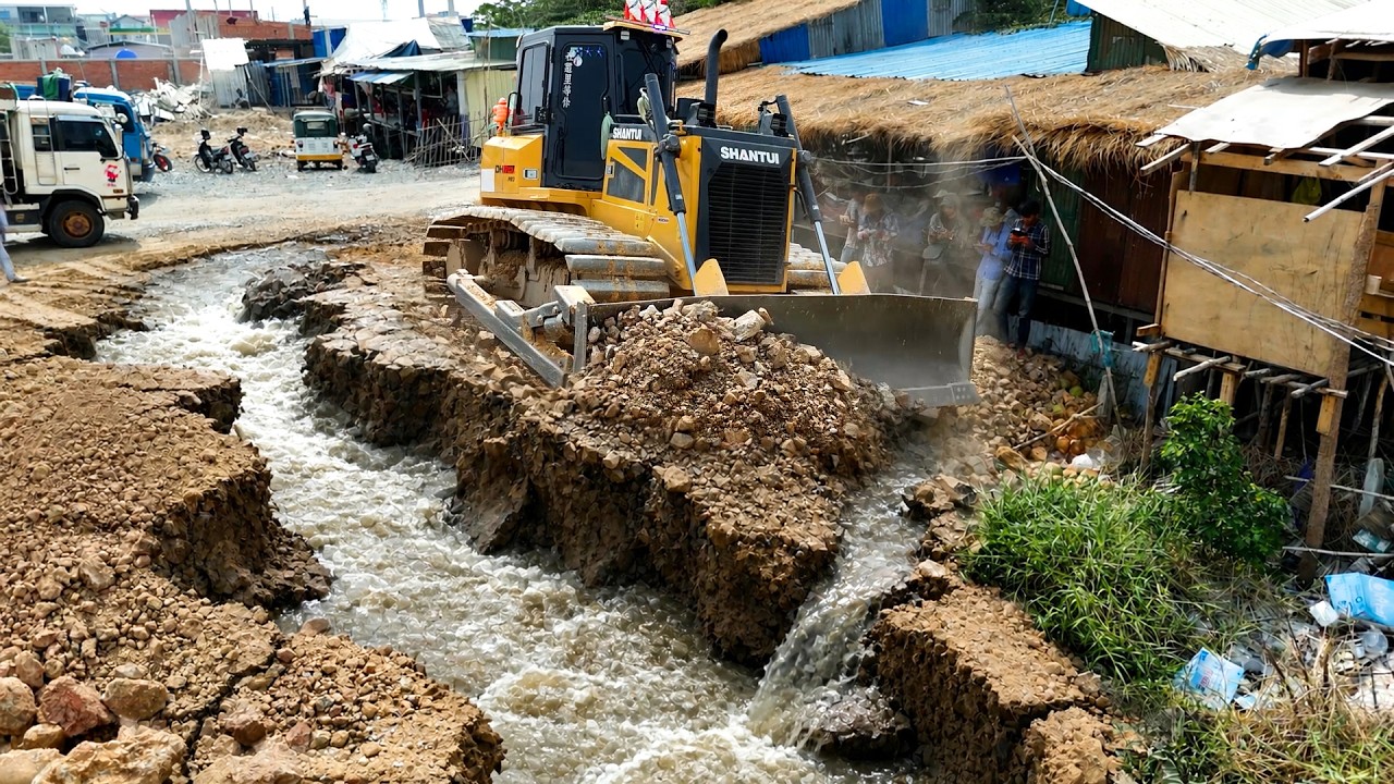 Amazing Landfill Task Using Shantui DH17C3 Dozer Push Stone into Flood Block with Dump Truck