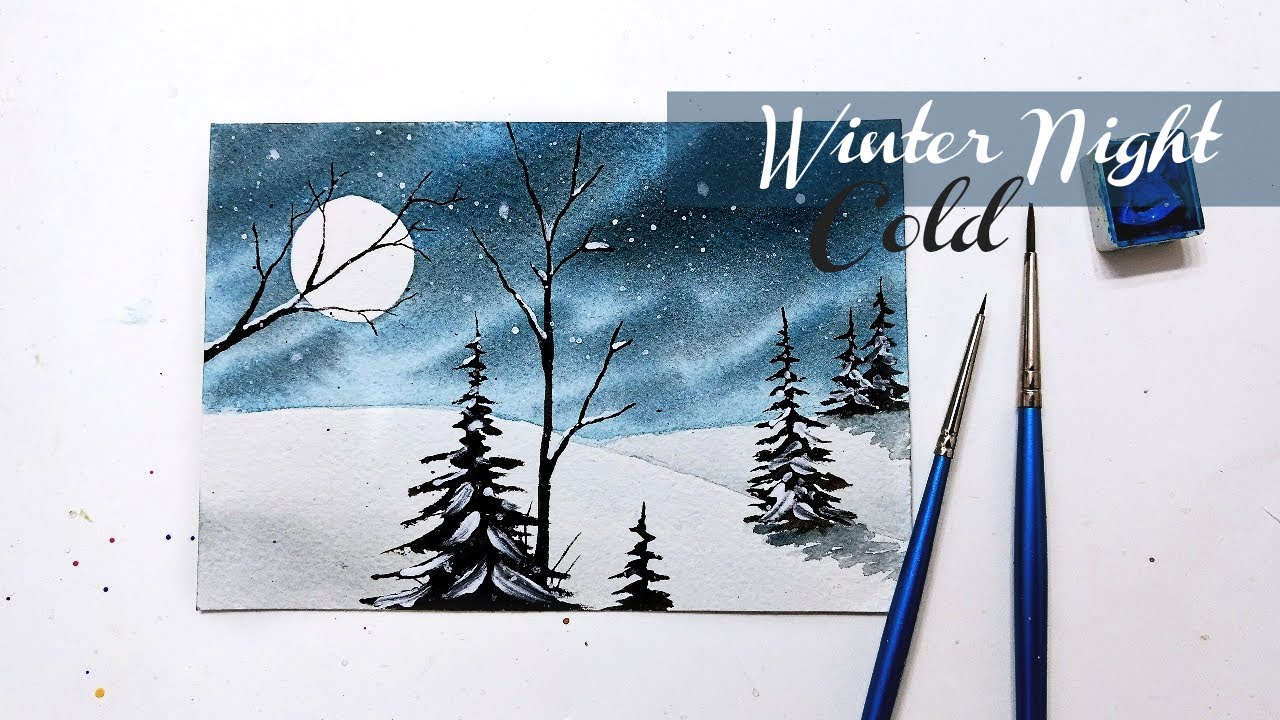 Easy watercolor frosty winter landscape » How to paint a night sky for beginners step by step