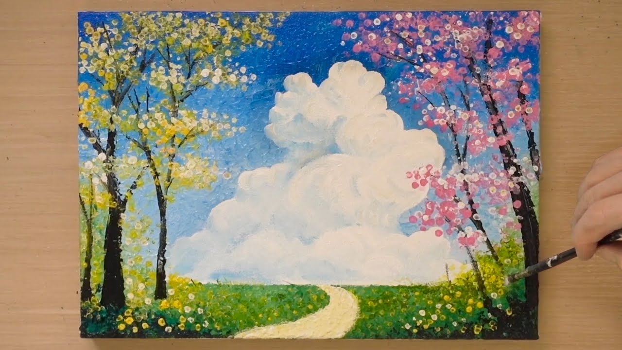 Как нарисовать пейзаж с пухлыми облаками / Easy Masking tape painting