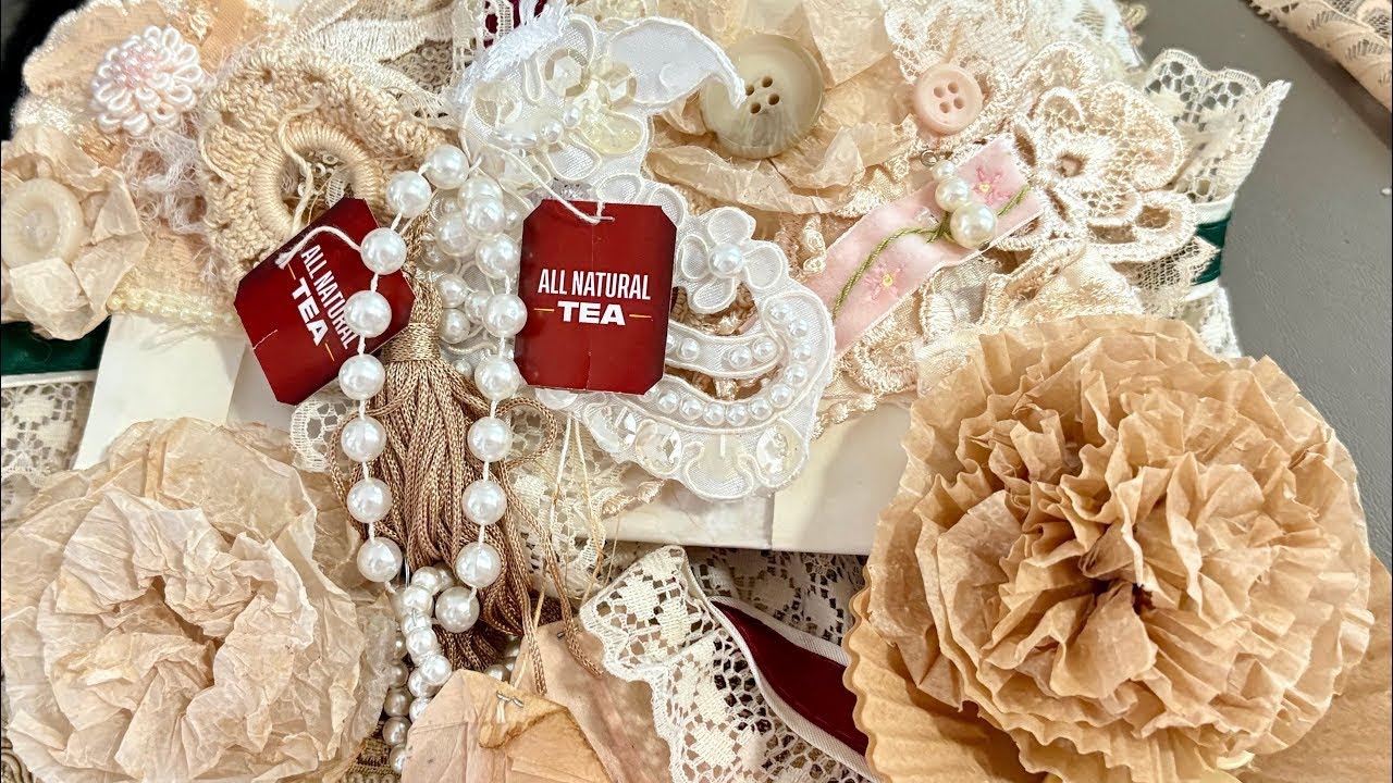 Destash  Shabby vintage lace, bundle, snippet strip pearls teabags buttons