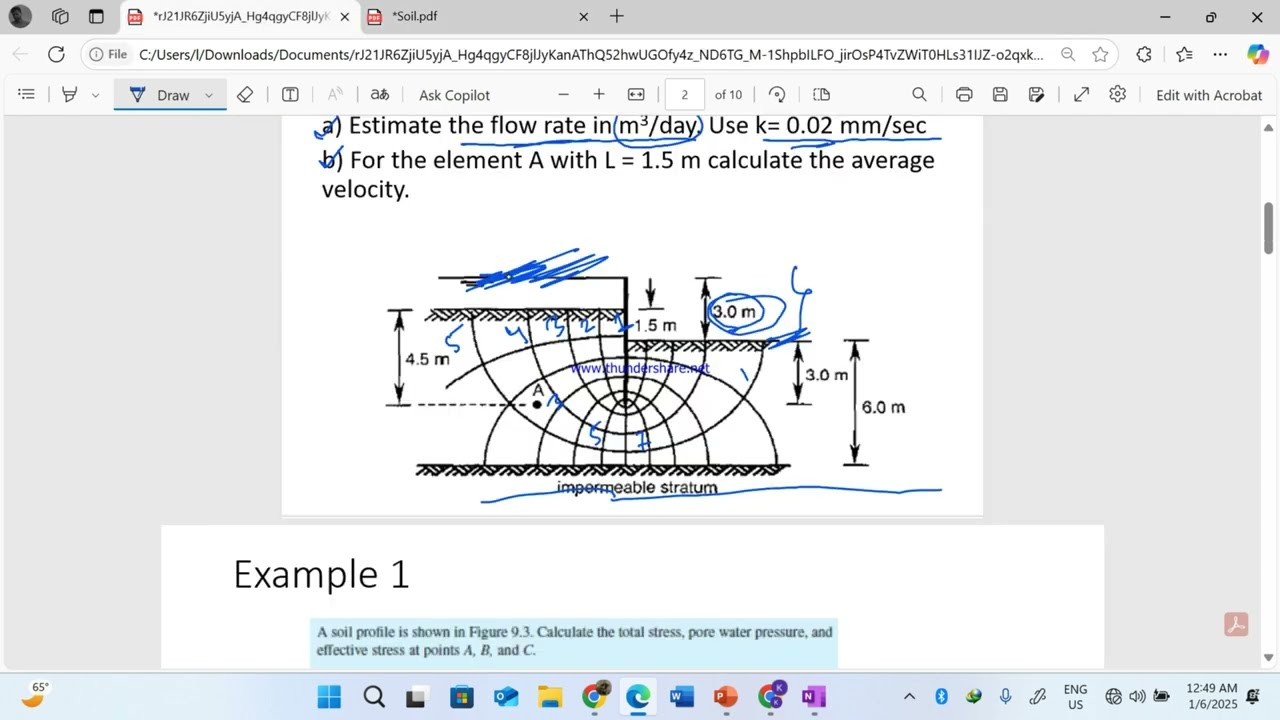 Estimate the flow rate in m3/day. Use k= 0.02 mm/sec and  L = 1.5 m calculate the average velocity.