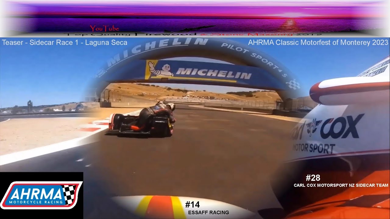 AHRMA teaser_Sidecar Race1_Laguna Seca_2023 ClassicMotofestMonterey_Essaff Racing CarlCoxMotorsport