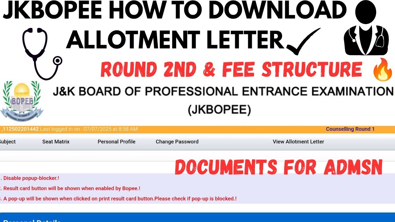 JKBOPEE HOW TO DOWNLOAD ALLOTMENT LETTER 🔥ROUND 2ND DATES 👍AND DOCUMENTS, FEE REQUIRED ☑️
