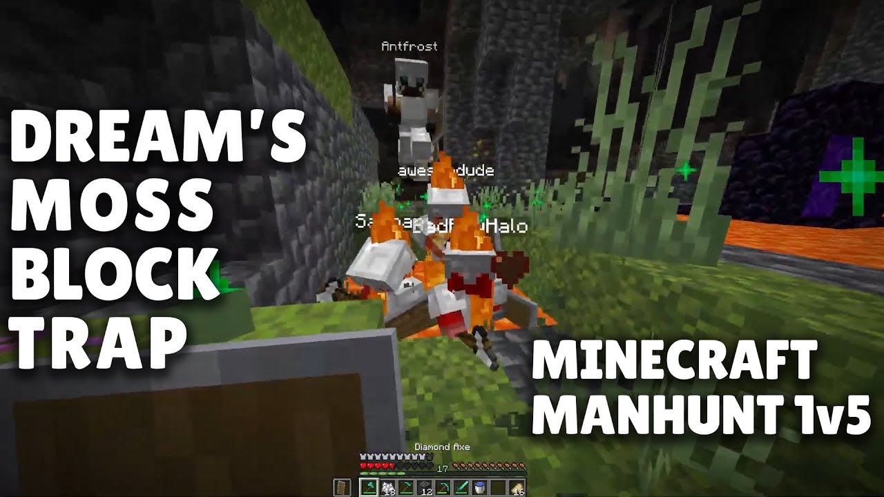 Dream Uses a Moss Block Trap to Kill 5 Hunters - Minecraft Manhunt 1v5