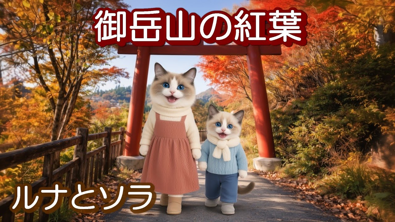 ママ猫と子猫が御岳山で紅葉を楽しむ秋の一日