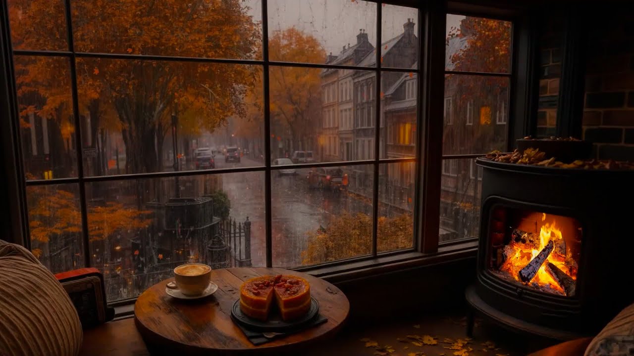 Autumn Rain Through the Window🍂 🔥 Fireplace & Comforting Café Atmosphere for Relax🕯️☕