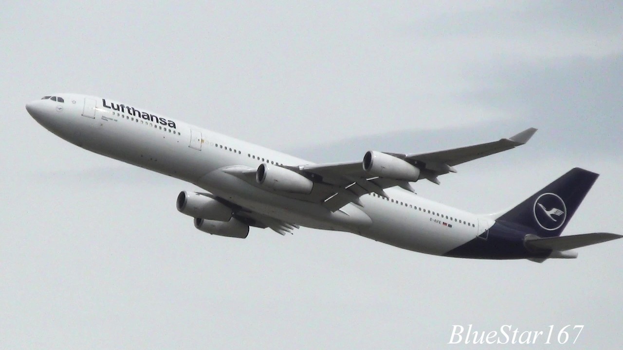 Lufthansa Airbus A340-300 (D-AIFE) takeoff from FRA/EDDF (Frankfurt - am Main) RWY 25C
