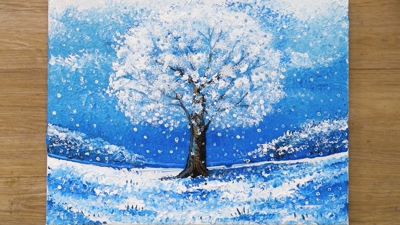 Роспись снежным деревом / Техника рисования ватными шариками # 487