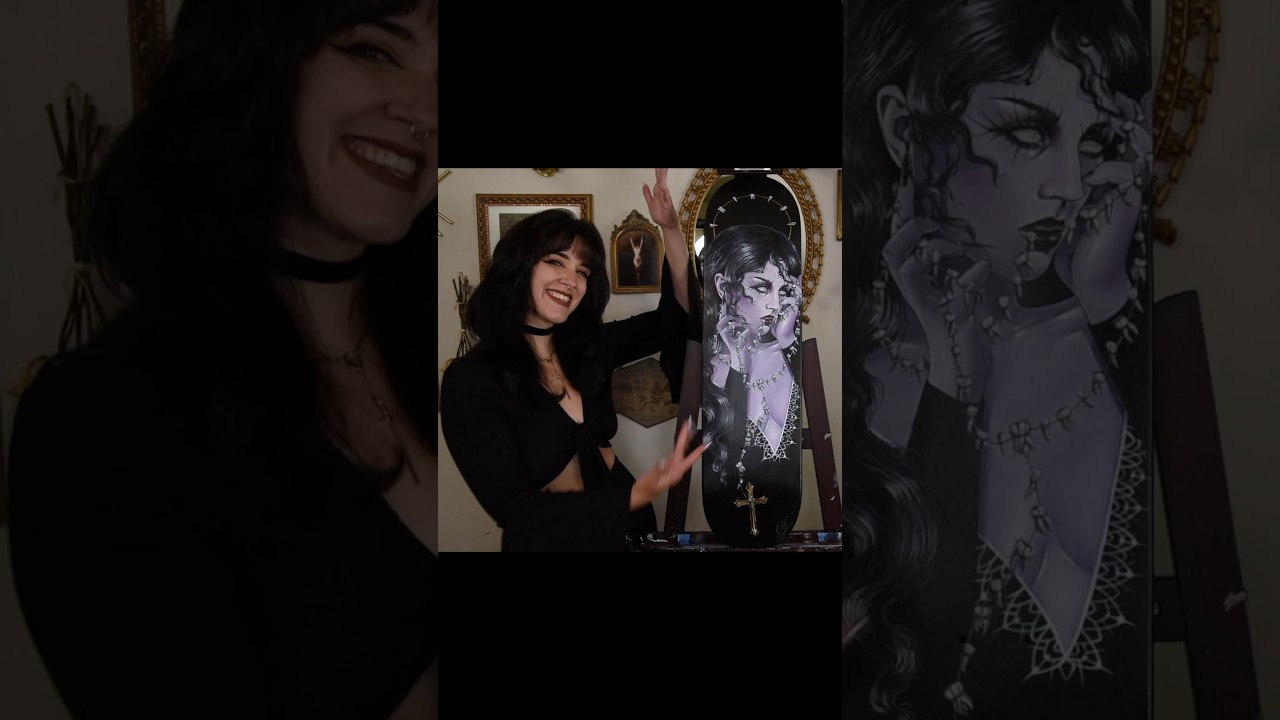 one of my favorite projects from this year! 🩶🕷️ #gothicart #skatedeck #paintingprocess