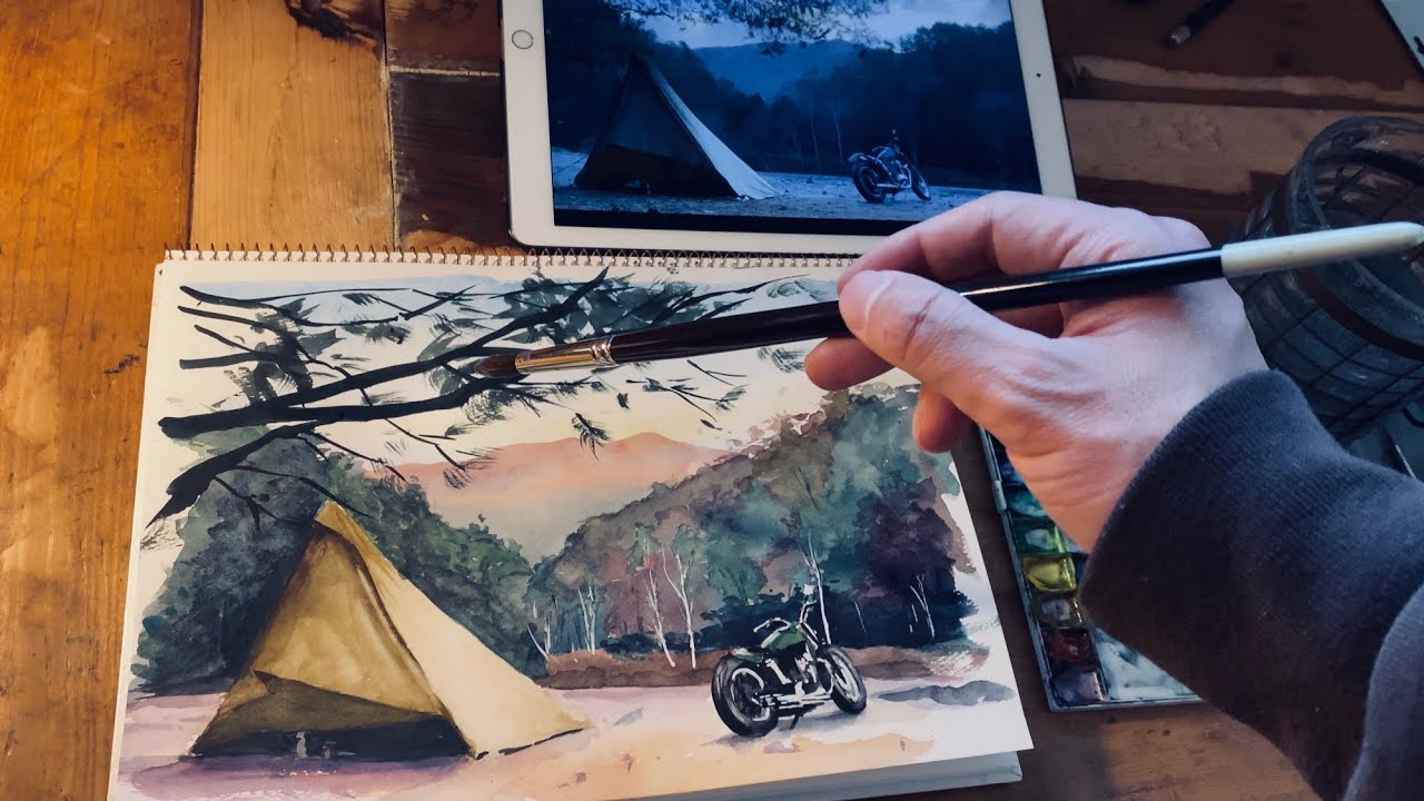 冬のキャンプ風景を描くI painted a winter camping scene with watercolors.unroof