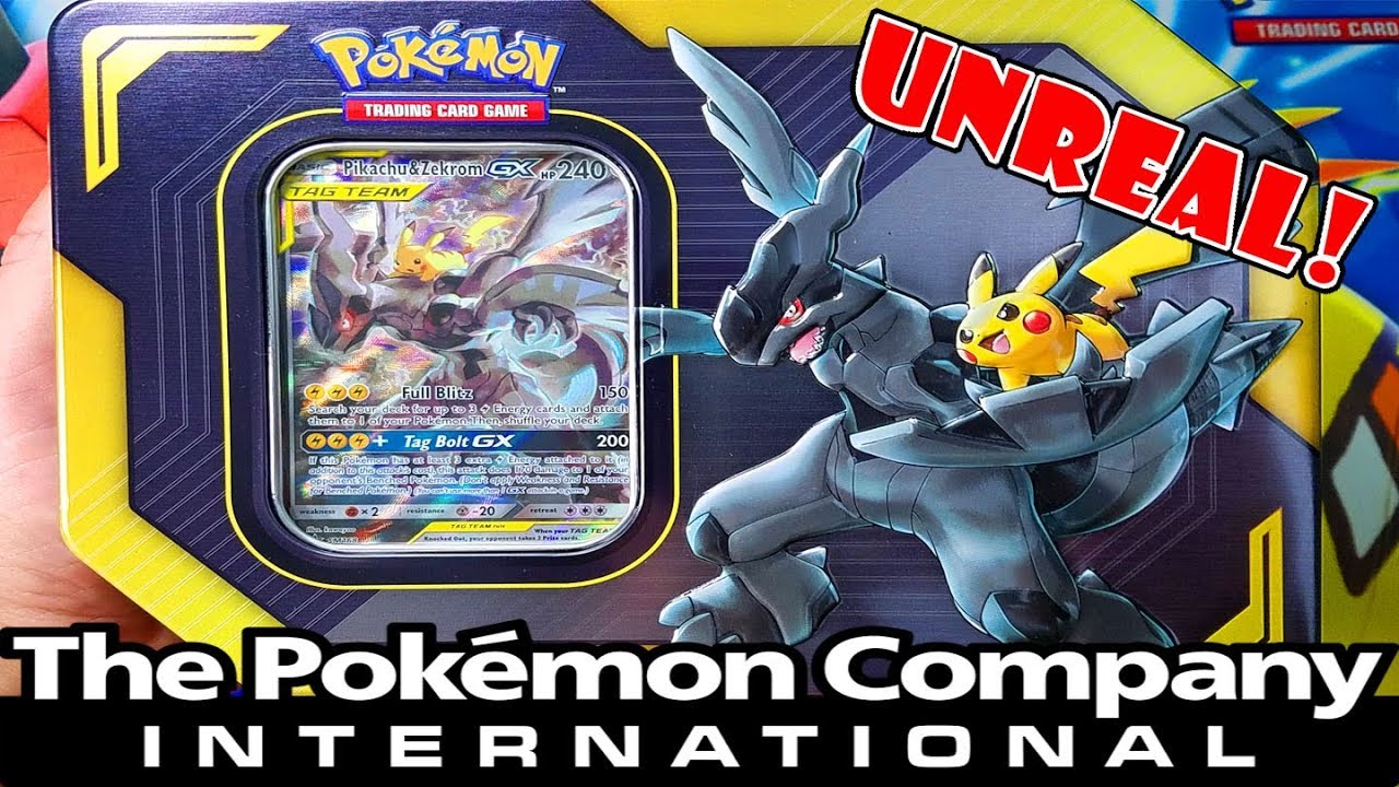 UNREAL PIKACHU & ZEKROM GX TAG TEAM TIN OPENING FROM THE POKEMON COMPANY INTERNATIONAL