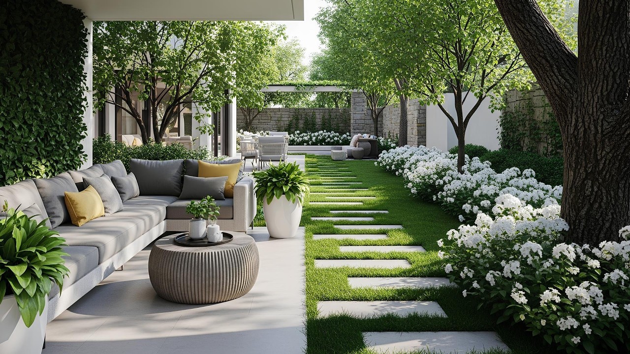Modern Outdoor Living Space With Cozy Patio Sofa Lush Garden Pathway and Dining Area