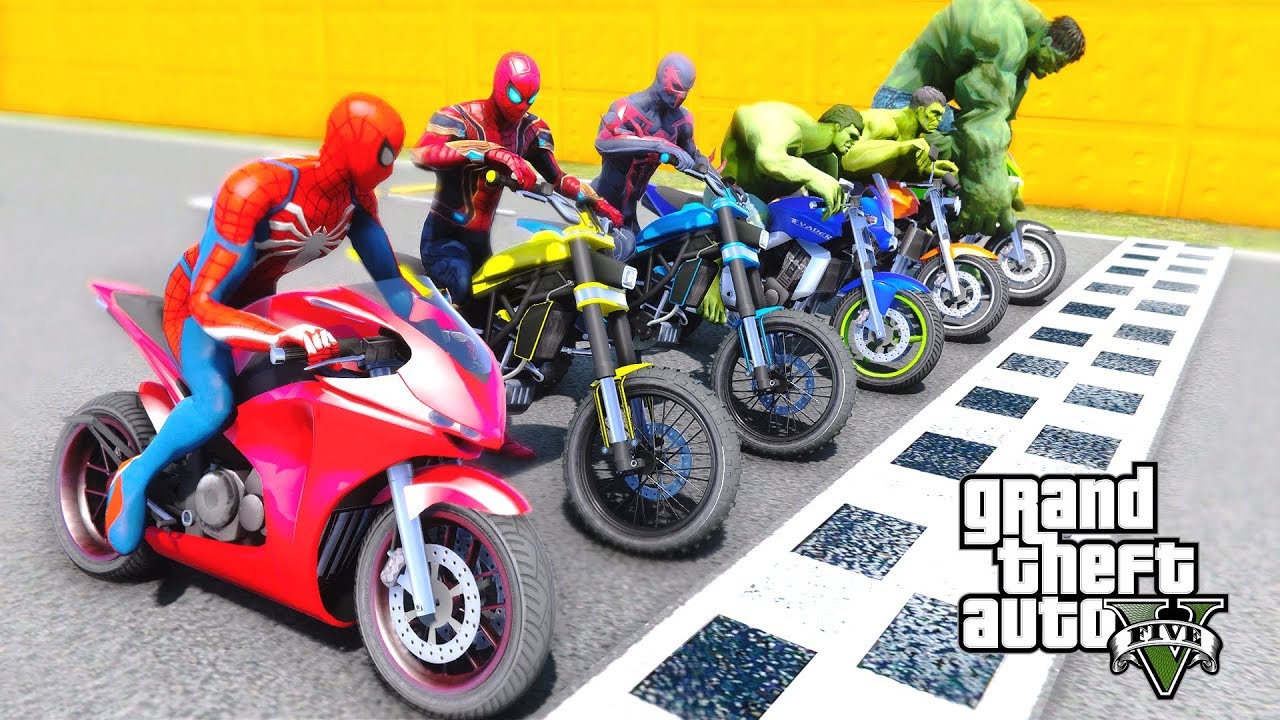 TEAM SPIDER-MAN VS HULK ARMY MOTORCYCLES RACE CHALLENGE - GTA V MODS