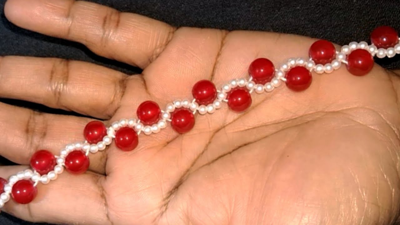 How to make bracelet designs at home with red beads and pearl 