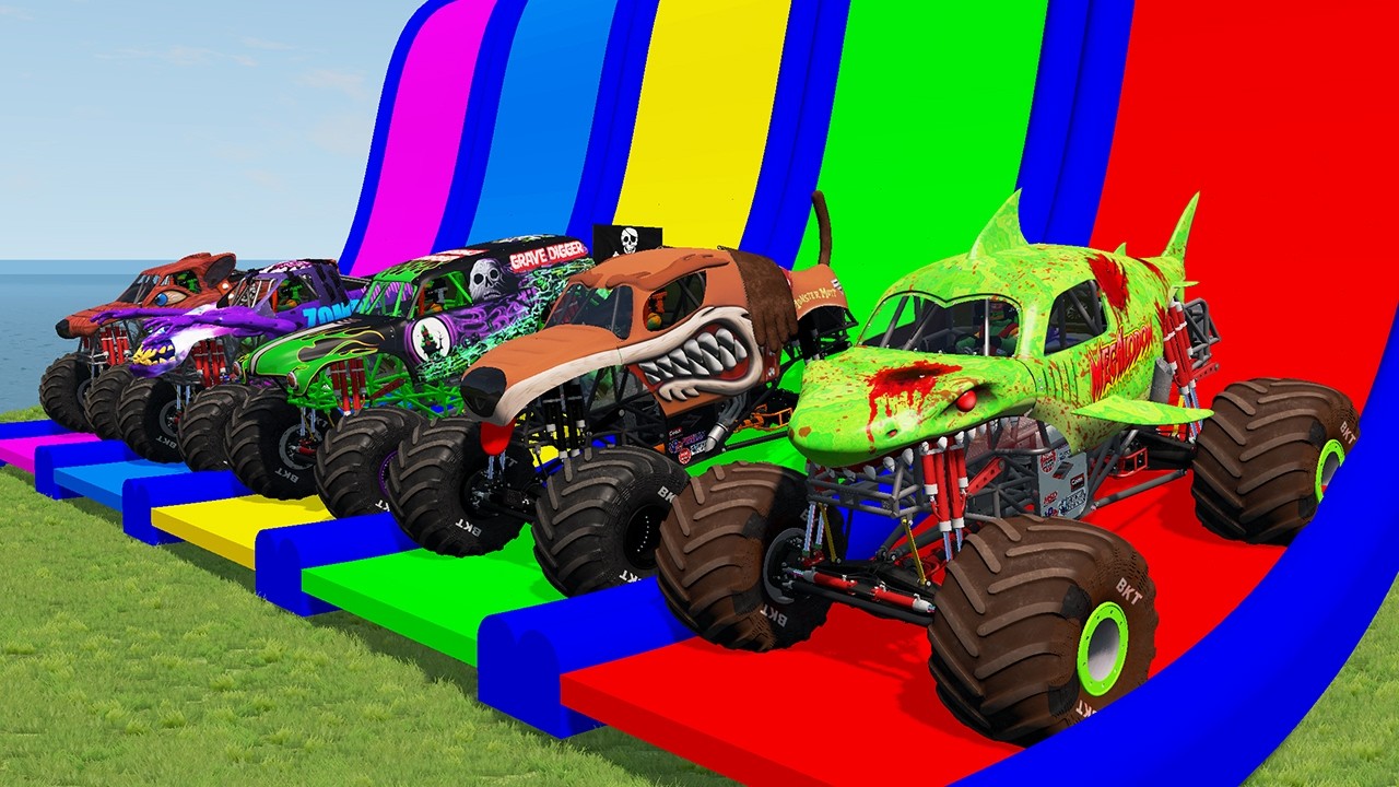 5 MONSTER TRUCKS  vs GIANT COLOR WATER SLIDE #074 - BeamNG.Drive
