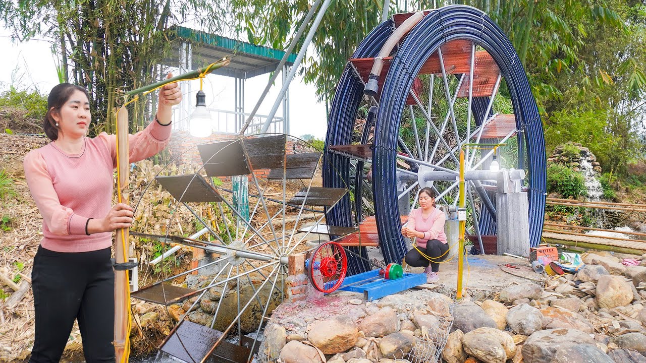 30 Day Full Video: DIY a Generator Attached to a Giant Wheel that Turns with Water Power