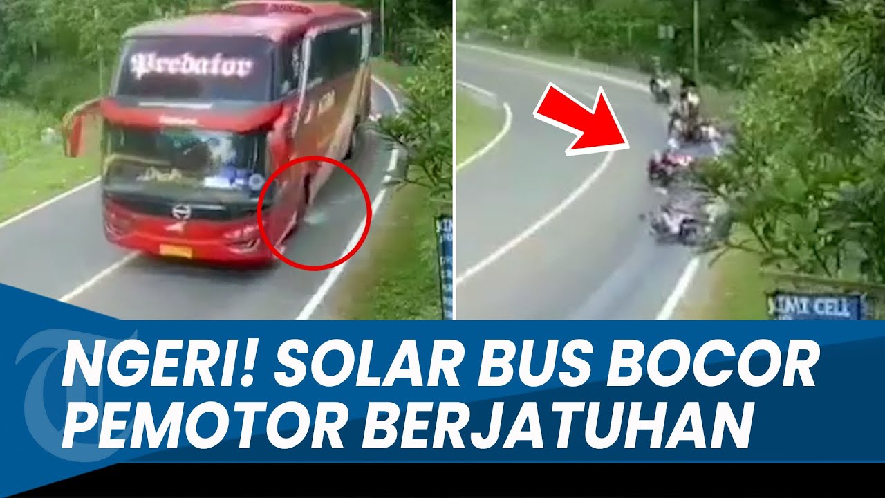 DETIK-DETIK Solar Bus Bocor Bikin Rombongan Pemotor Berjatuhan di Jalan