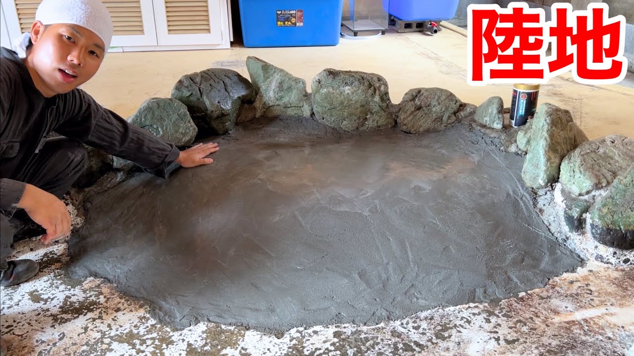 昆虫館の池にモルタルで亀用の陸地を作りました
