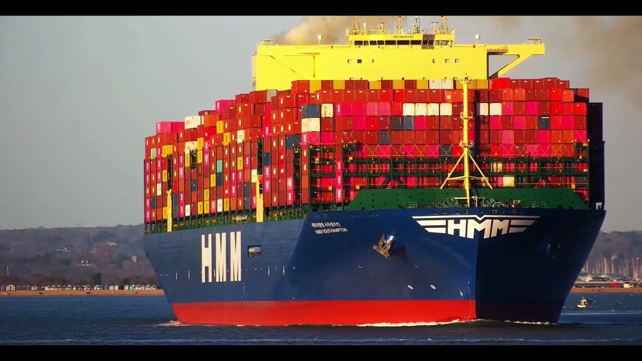 HMM Southampton leaving Southampton rounding the Bramble Bank seen from Cowes Isle of Wight UK