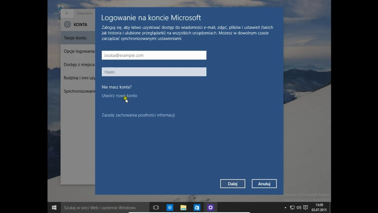Windows 10 PL konto Microsoft przełączanie trybu logowania