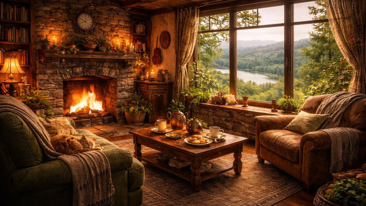 Cozy Fireplace & Gentle Rain ☕🌧️ 2 Hours of Warm Cabin Ambience | Relaxing Lake View Home Atmosphere