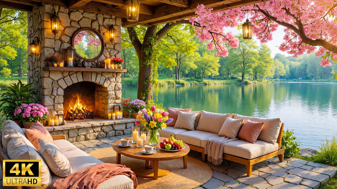 Cozy Spring Porch Ambience 🌿 Relaxing Piano Music with Crackling Fireplace & Birdsongs for Sleep