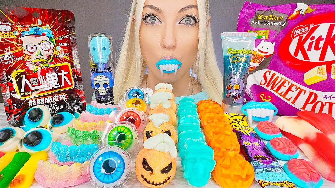 ASMR HALLOWEEN CANDY, LOLLIPOP, MARSHMALLOW, KITKAT CHOCOLATE (DESSERT) MUKBANG, 사탕 먹방